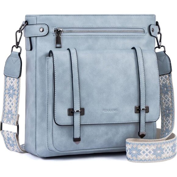 Handbags - Women’s Sky Blue Leather Purses Multi-Pocket Adjustable Strap Crossbody Bags